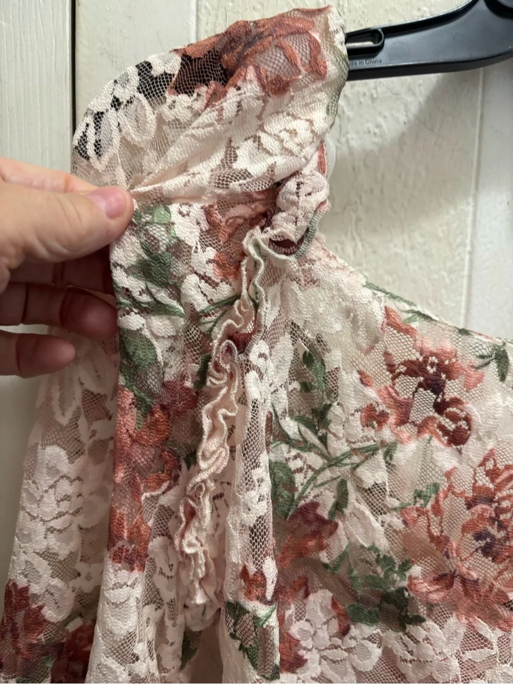 Anthropology Floral Lace Long Sleeve Blouse — Cream with Rust & Olive Flowers